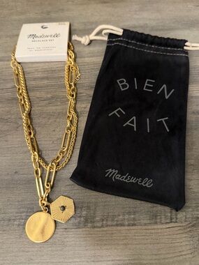 Madewell Necklace Set New on Card with dust Bag! #A113 gold tone